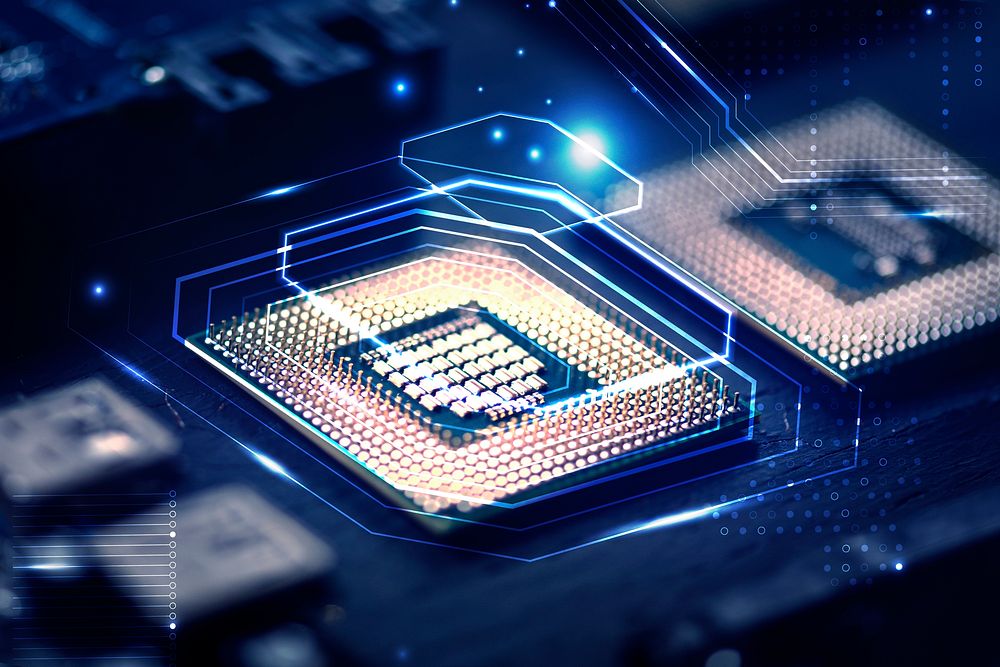 Smart microchip background on a motherboard closeup technology remix
