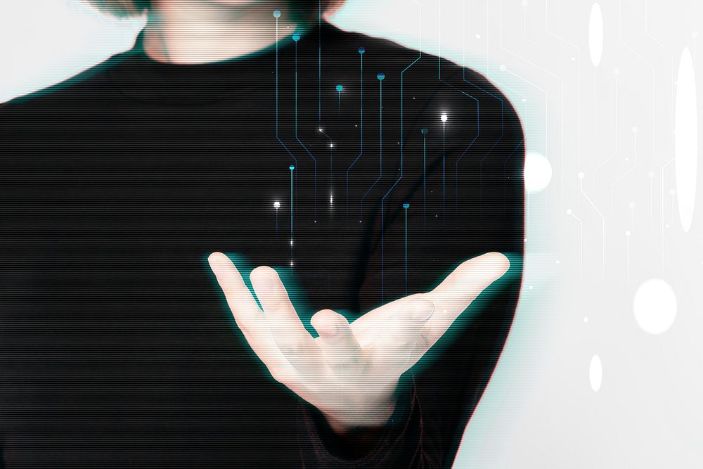 Glitching woman&rsquo;s hand background using futuristic technology digital remix