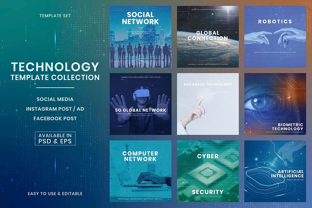 Technology business innovation template psd futuristic social media post collection