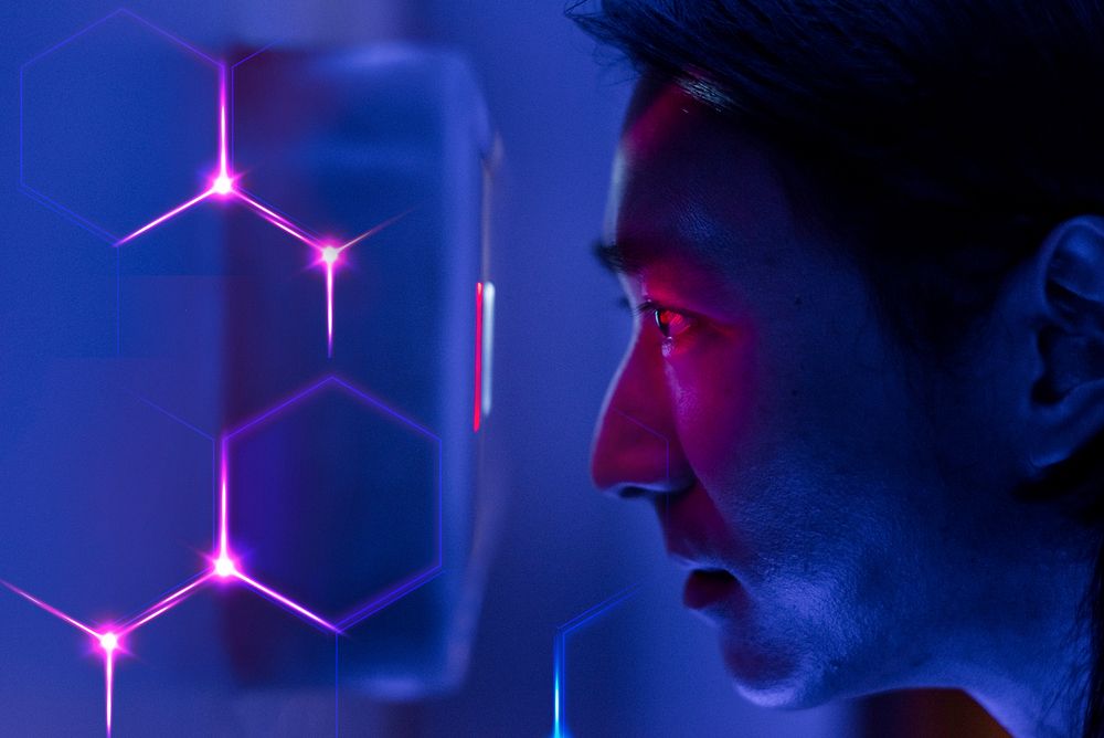 Man scanning his eyes biometrics security technology digital remix