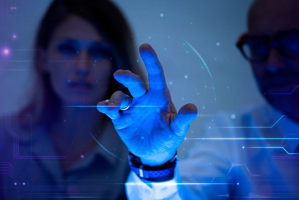 Man touching a virtual screen futuristic technology digital remix