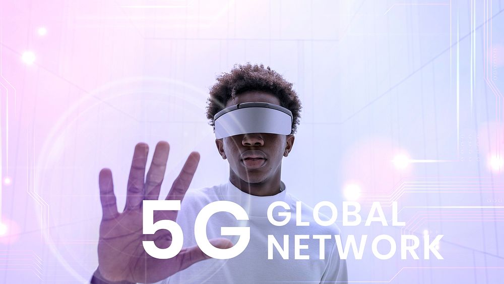 5G global network template psd with man wearing smart glasses background