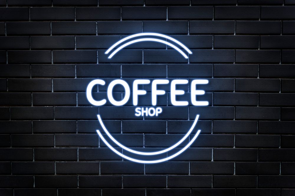 Neon emboss logo mockup psd for coffee shop on dark brick wall background