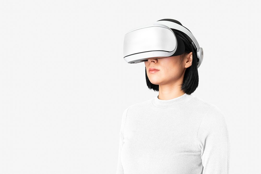 Woman psd in Virtual Reality glasses in entertainment technology theme