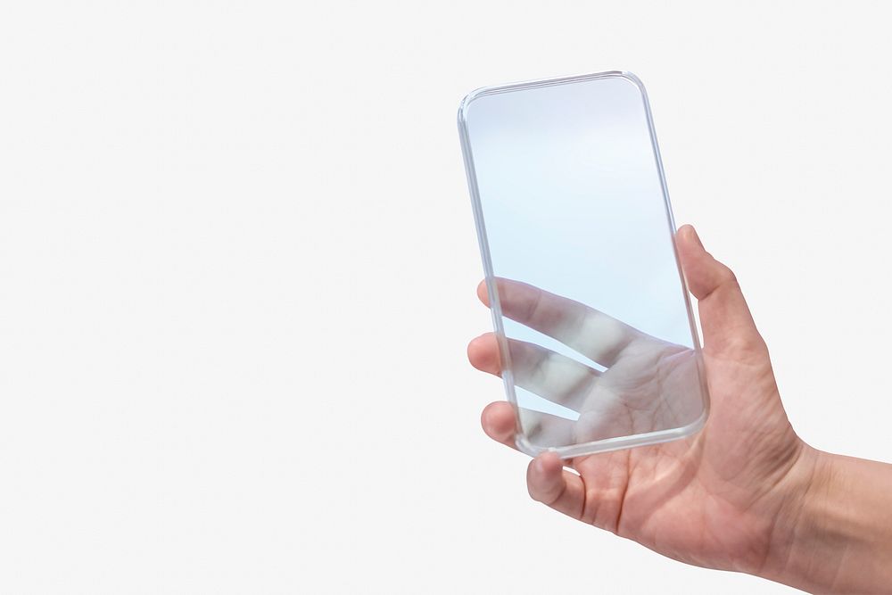 Hand holding transparent smartphone psd futuristic technology concept