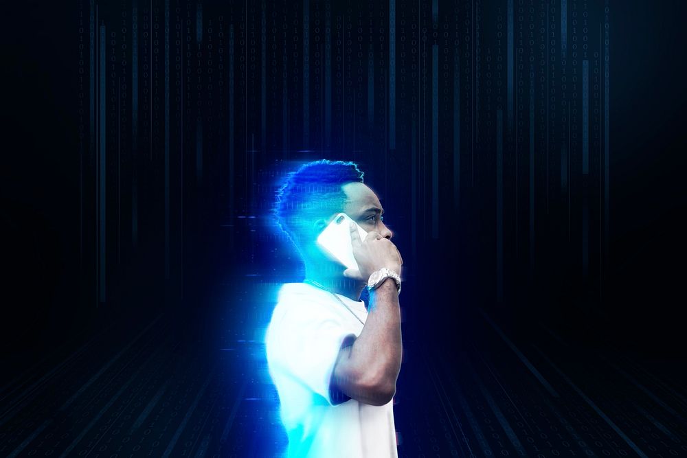Man psd using smartphone with neon effect background