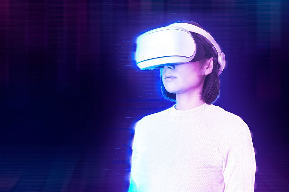Woman psd experiencing metaverse, wearing VR in futuristic style