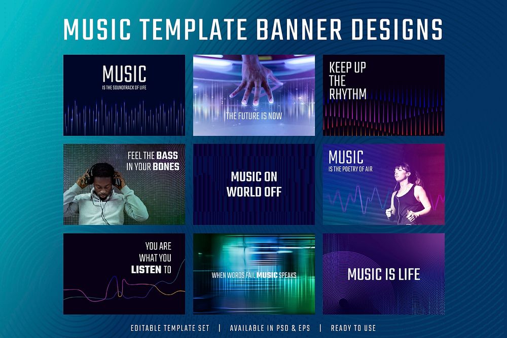 Music equalizer digital template psd entertainment tech ad banner with catchphrase set