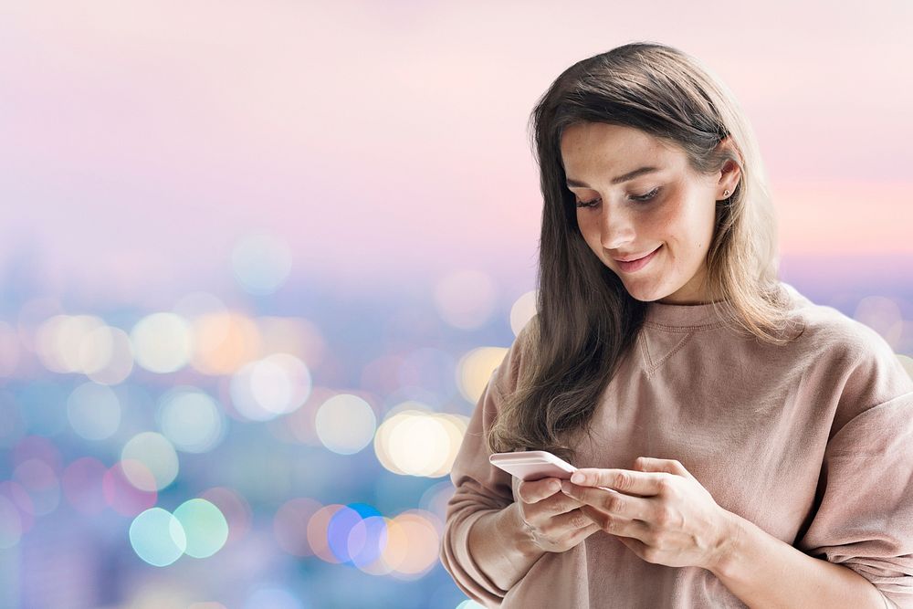 Woman holding smartphone background psd in the new normal with bokeh lights remixed media