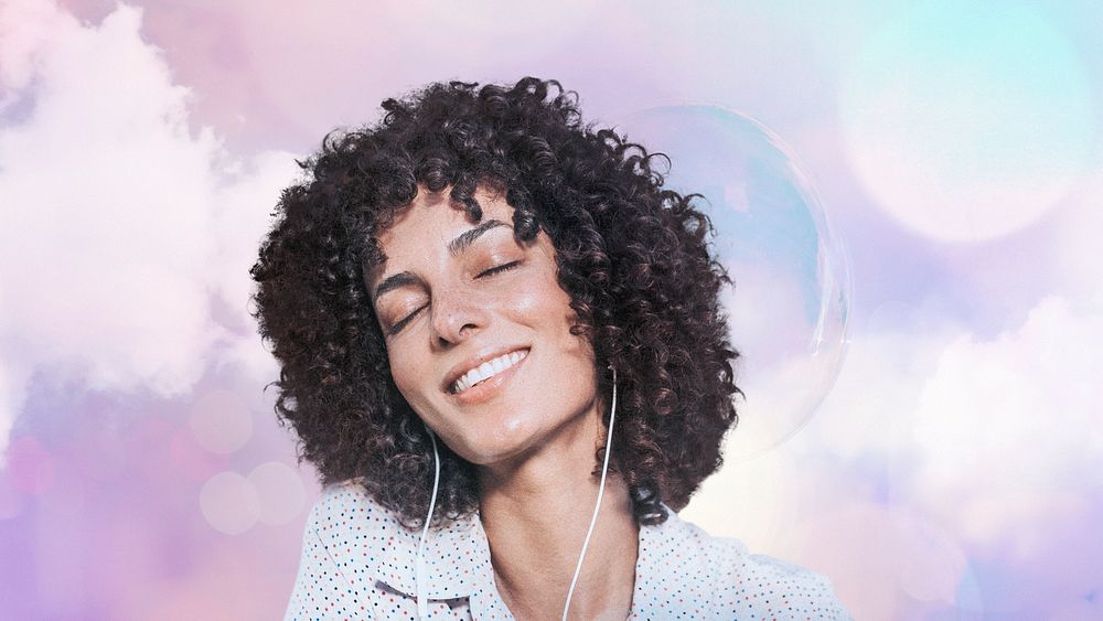 Woman wearing earphones graphic with pastel bokeh lights remixed media