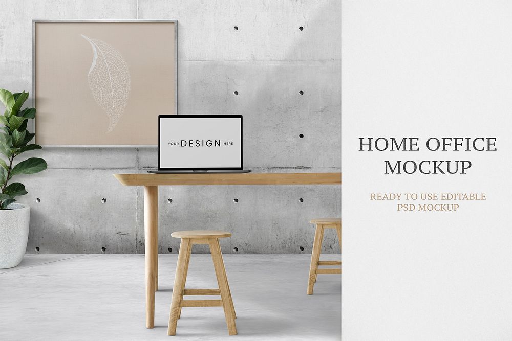 Home office mockup psd with laptop and blank frame