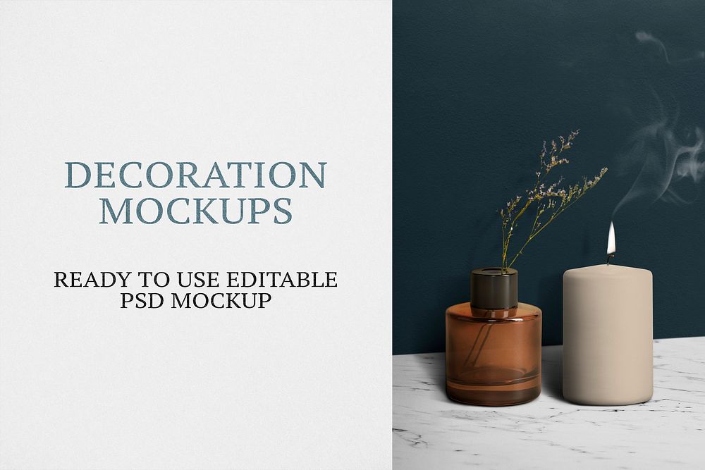 Decoration mockup psd with candle by flower vase