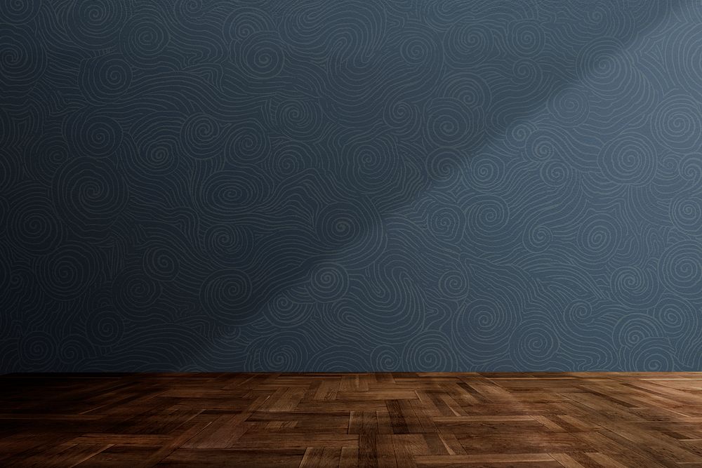 Blank dark blue wall with wooden floor