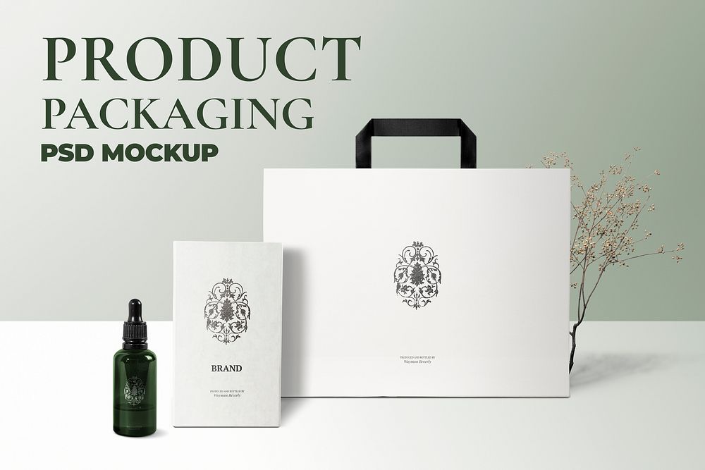Cosmetic dropper bottle mockup psd with card and bag