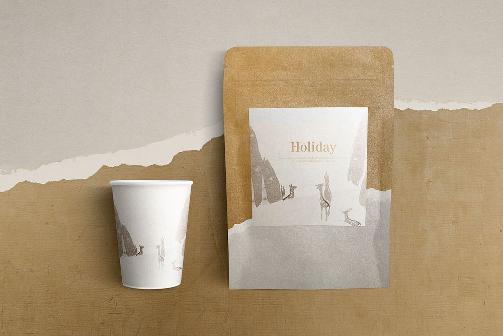 Coffee cup, bag mockup, beverage product packaging psd