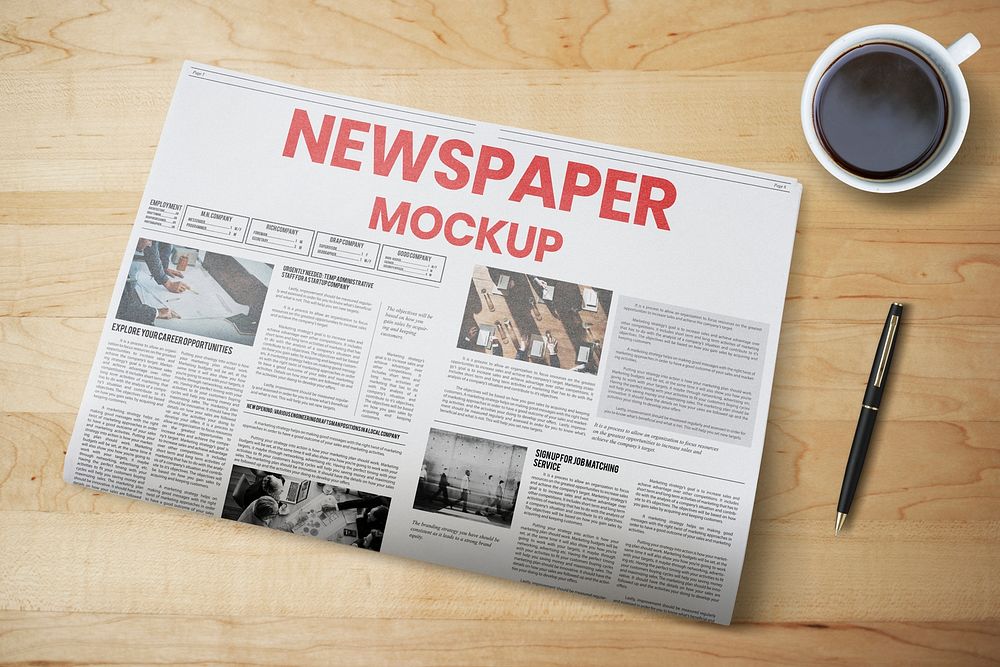 Newspaper mockup psd on a wooden table