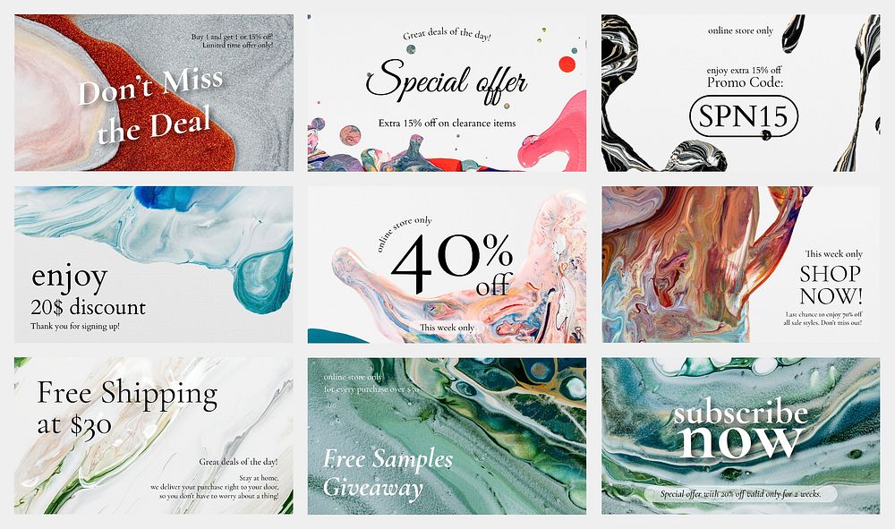 Marble swirl sale template vector for fashion blog banner set