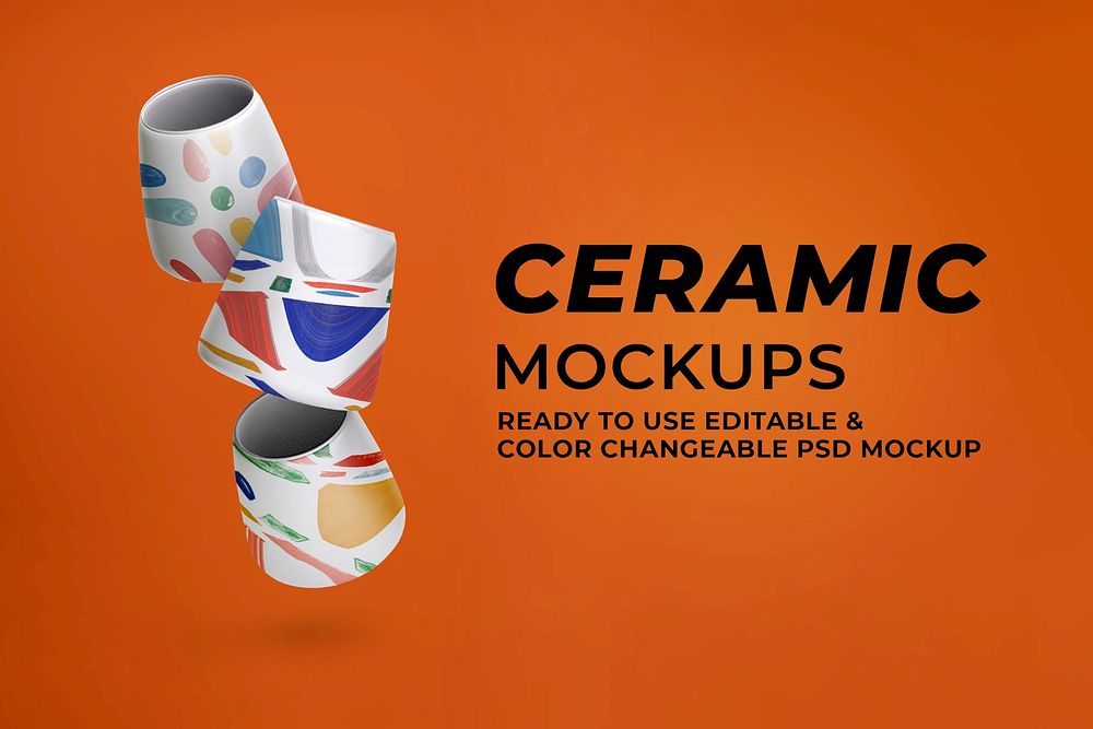 Ceramic tea cups mockup psd in abstract pattern home decor