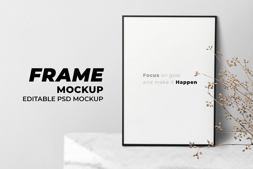 Picture frame mockup psd leaning against the wall with house plant