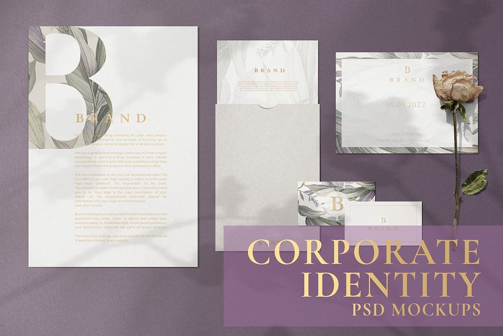 Floral corporate identity mockup psd branding stationery set