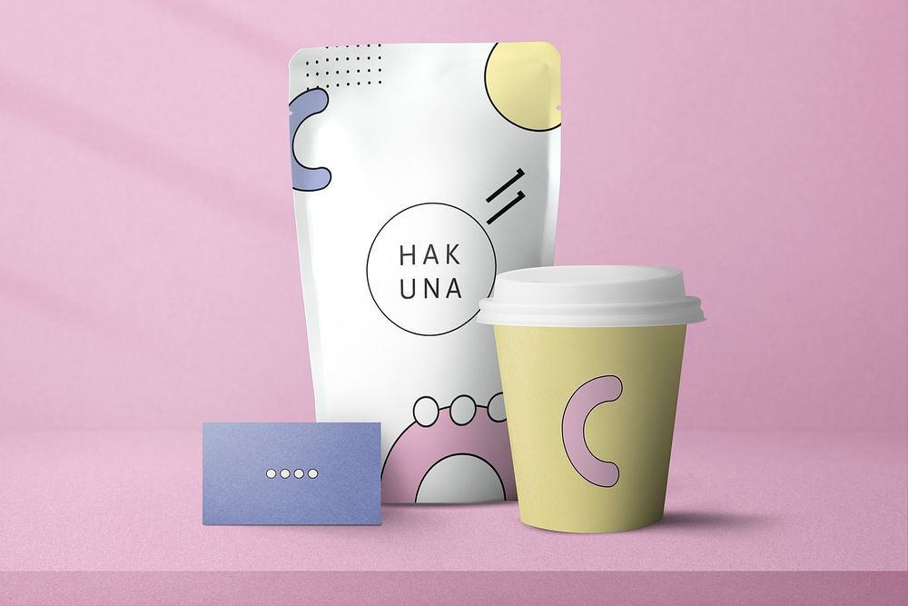 Pastel bag mockup psd with paper cup food and beverage packaging