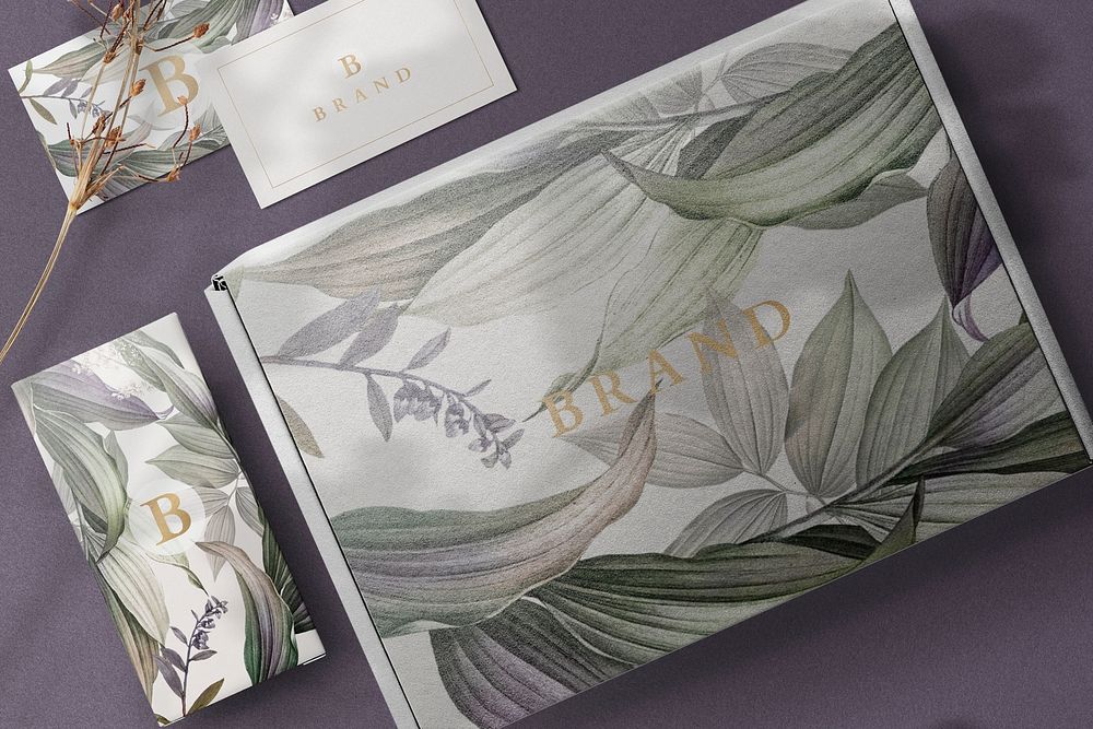 Floral kraft box mockup psd with business card product packaging