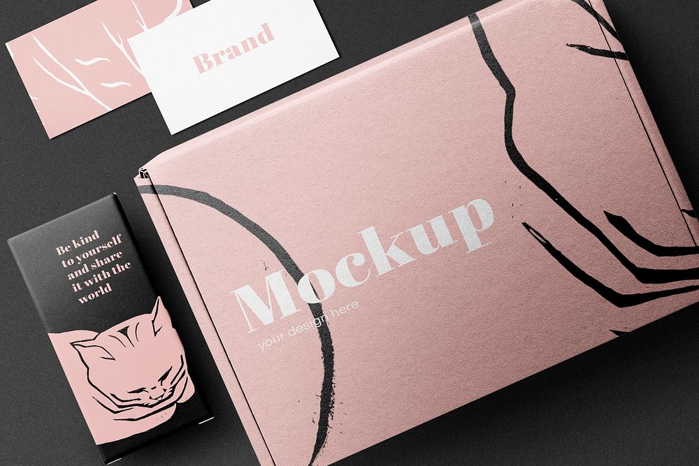 Pink paper box mockup, package delivery with business card psd