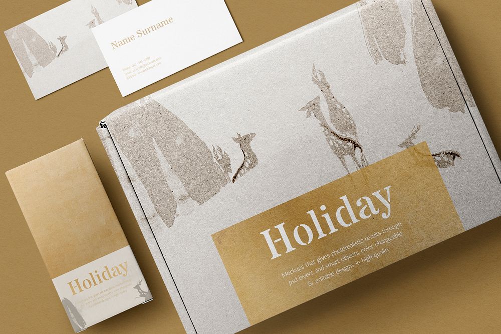 Christmas paper box mockup, package delivery with business card psd