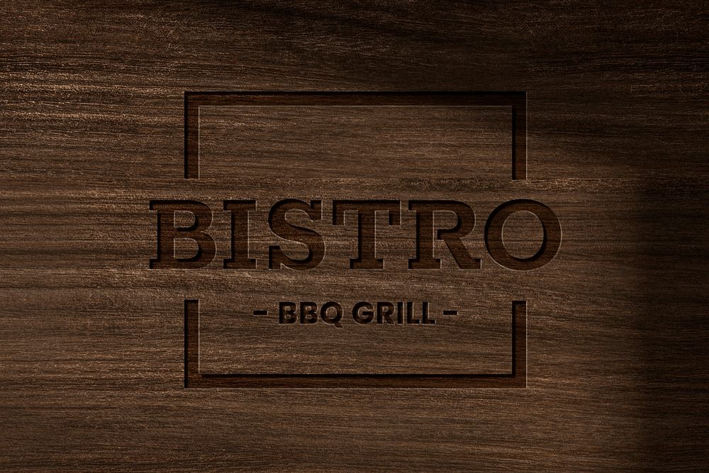 Bistro restaurant business logo psd template in debossed wooden style
