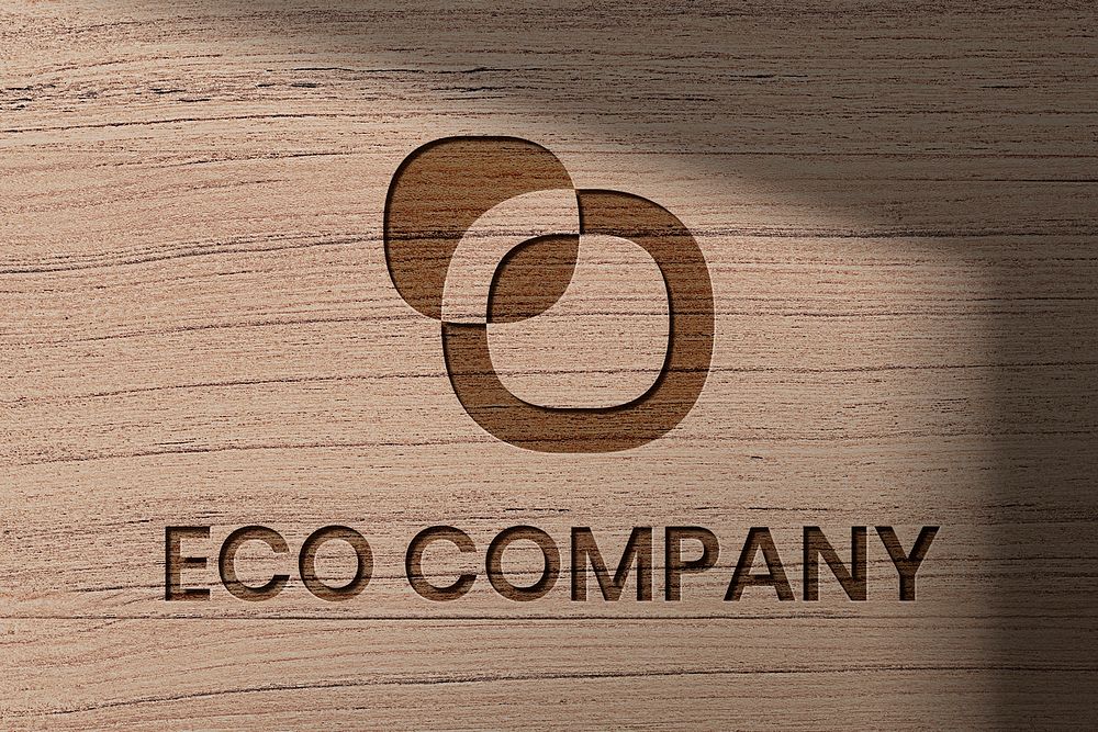 Eco company logo template psd in debossed wood style