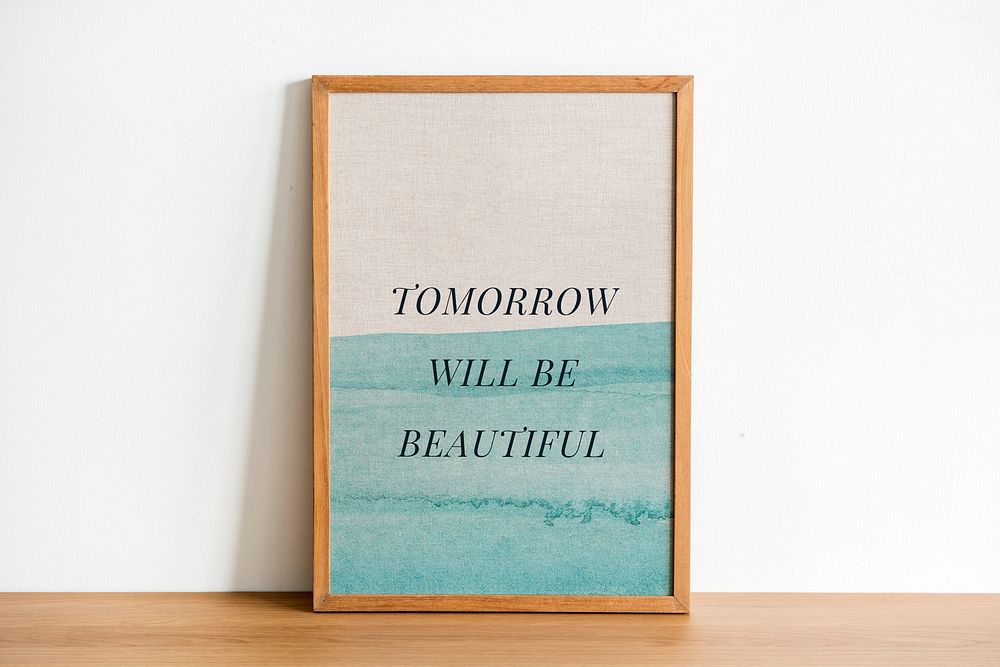 Wooden picture frame mockup psd with ombre watercolor painting interior design