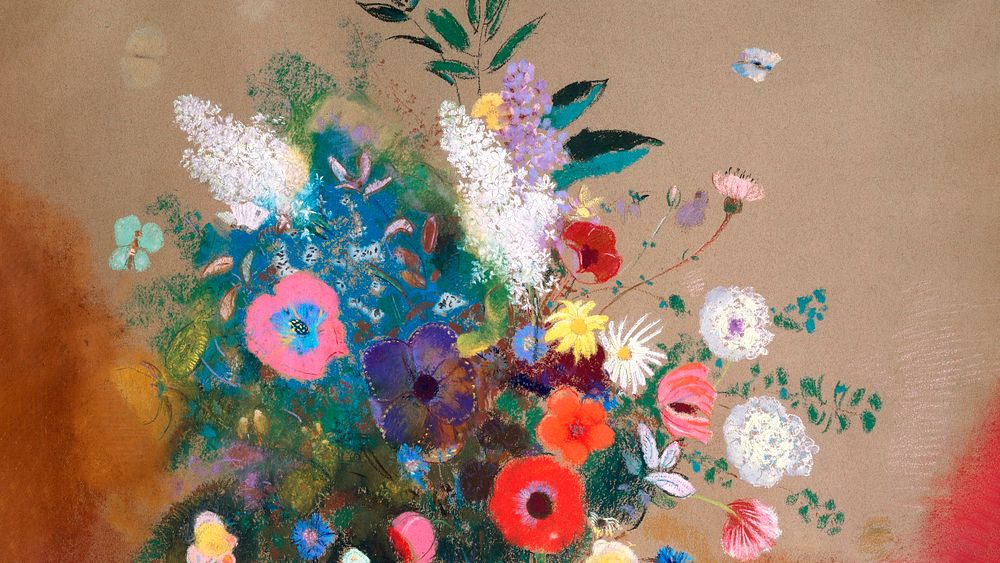 Vintage flower desktop wallpaper, background painting, Bouquet of Flowers, remix from the artwork of Odilon Redon