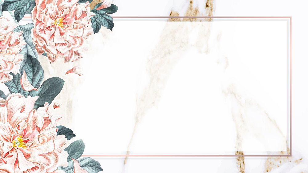 Golden floral peony rectangular frame in marble background