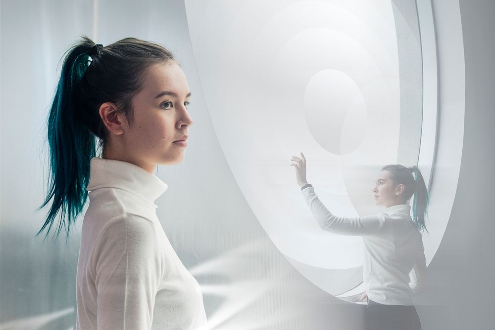 Girl using touch screen in a modern smart home