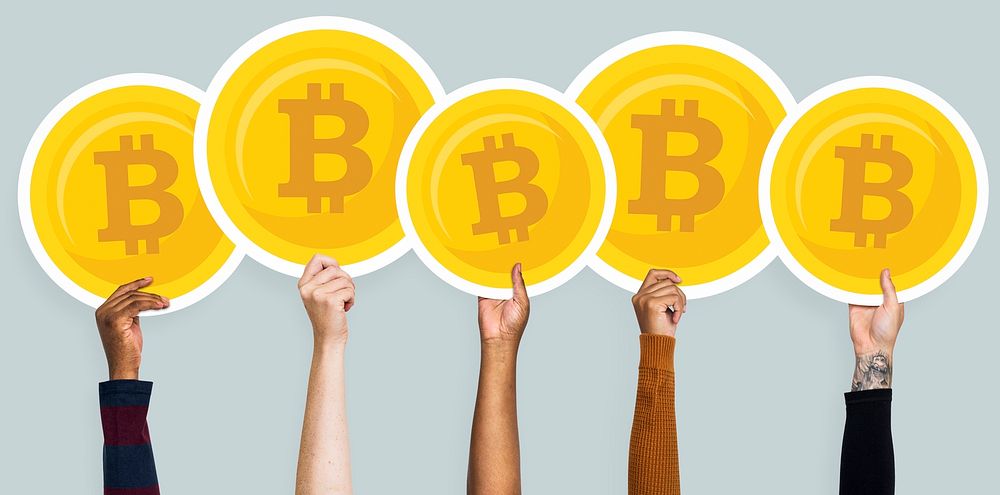 Hands holding up bitcoins clipart