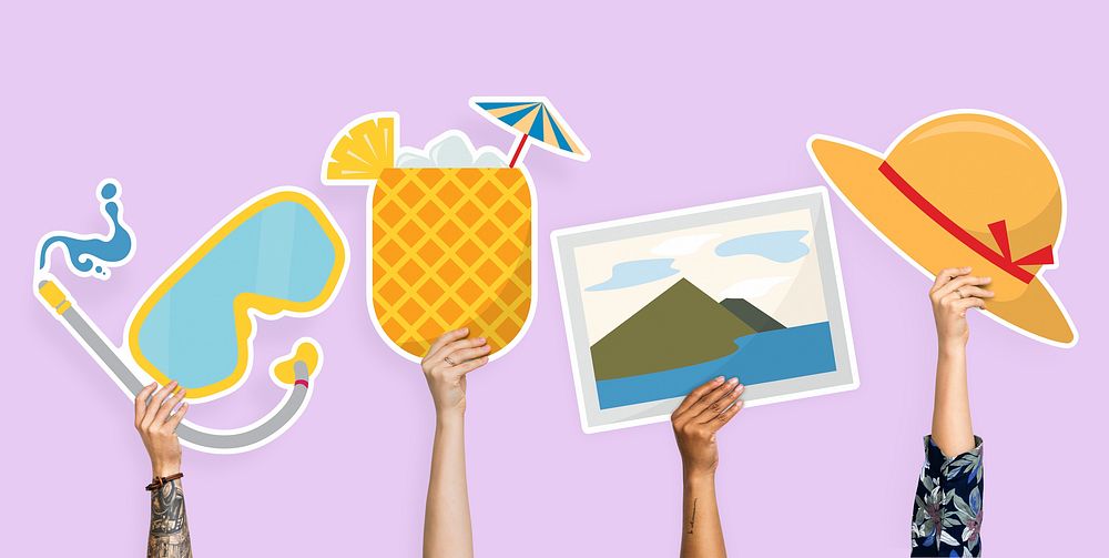 Hands holding beach icons clipart