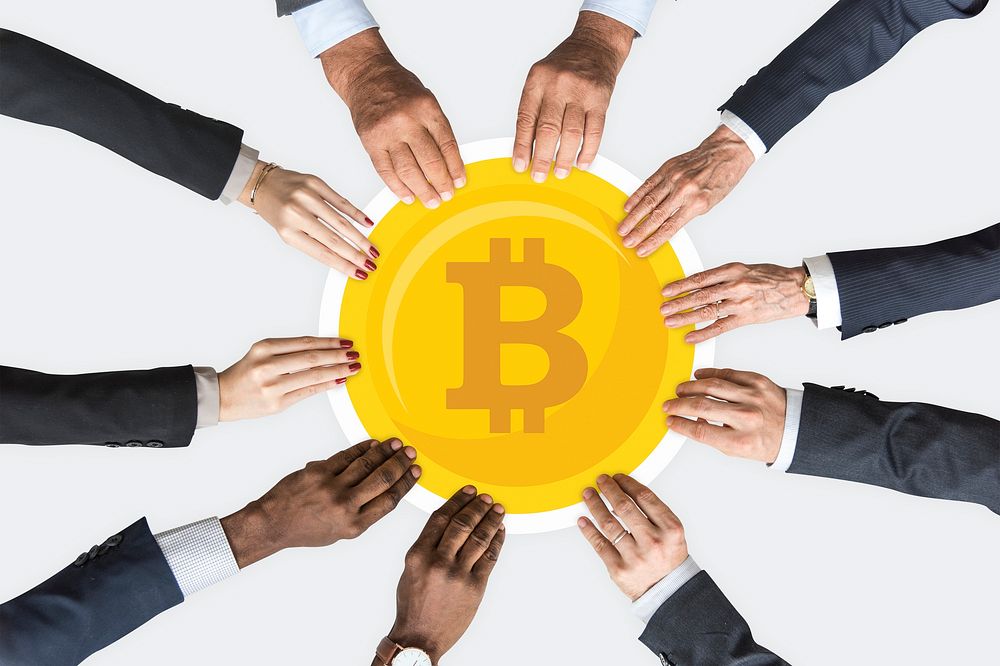 Hands holding gold bitcoin clipart in the middle