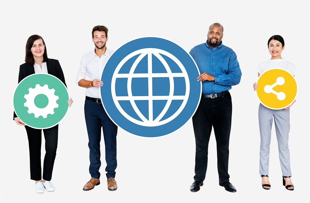 Happy diverse people holding internet icons