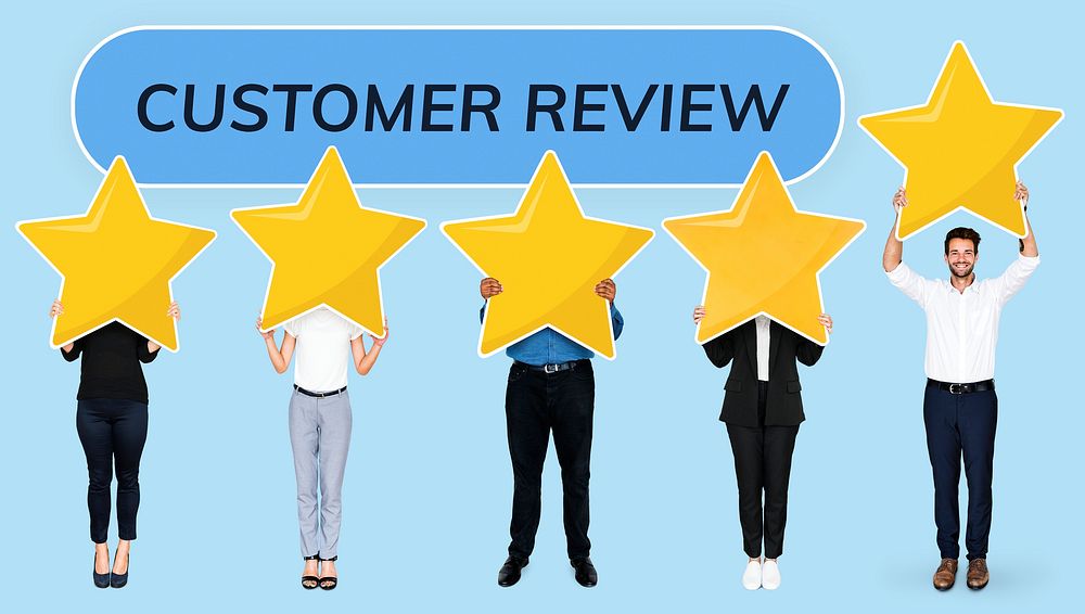 Diverse businesspeople showing customer review star rating
