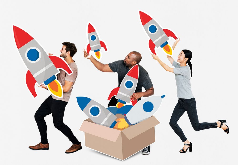 Group of diverse people with rockets in a box
