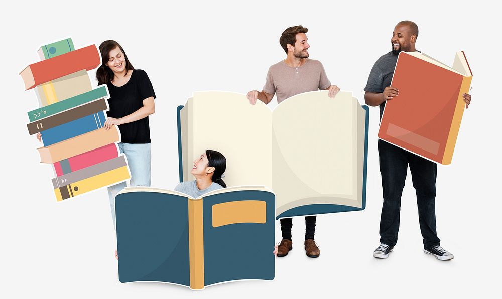 Diverse people holding book icons