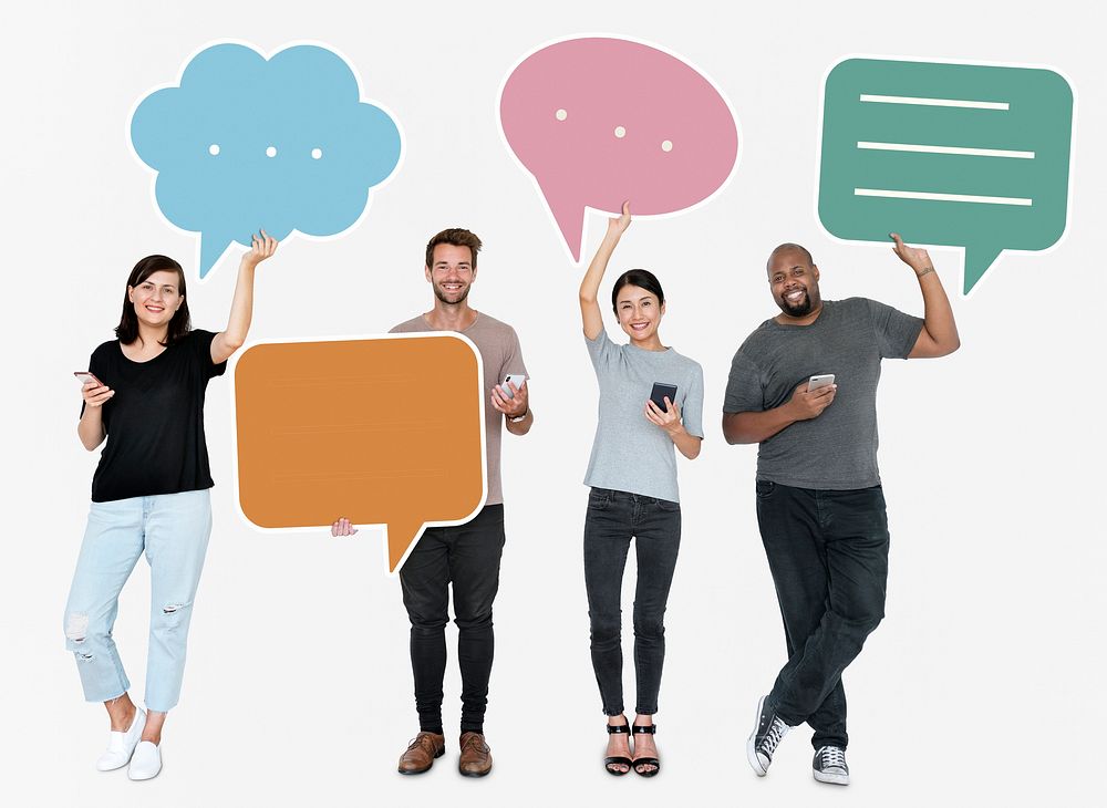 Diverse social media people holding speech bubble symbols