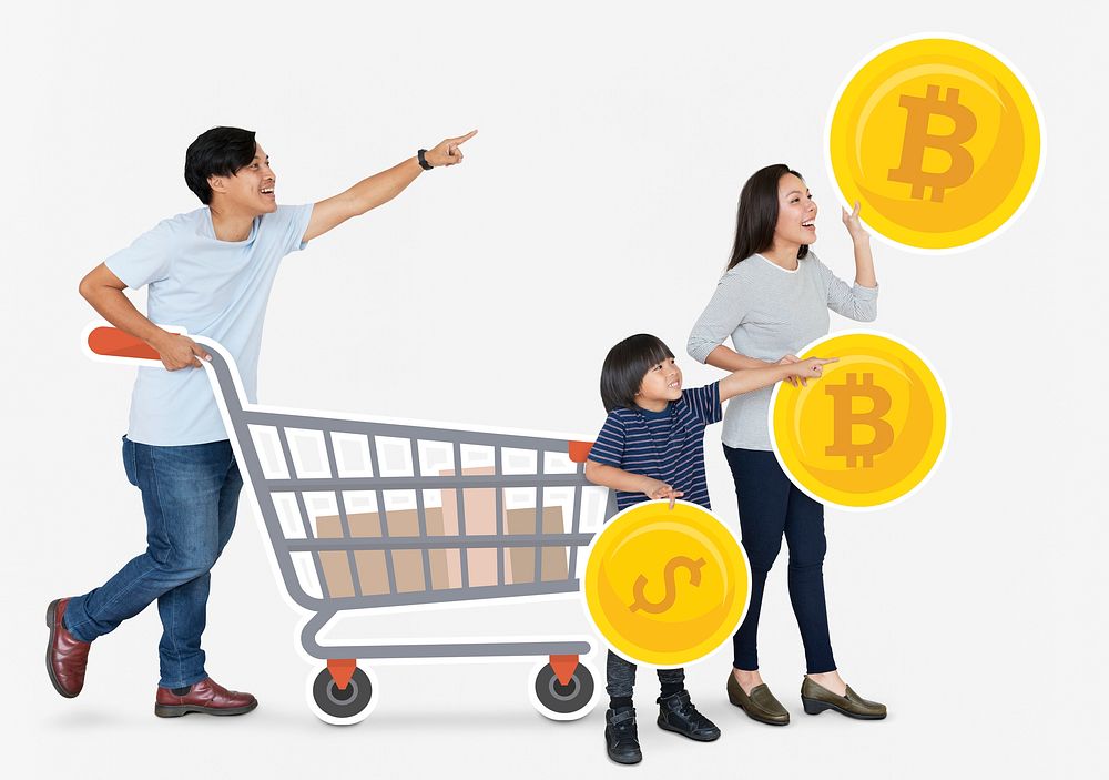 Happy family holding shopping icons