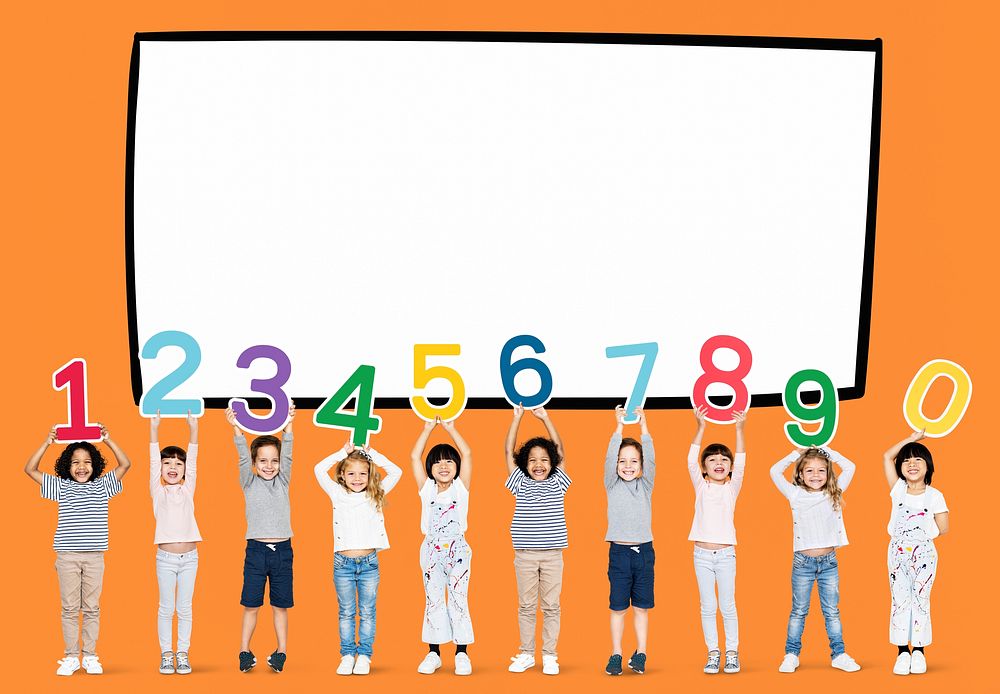 Diverse kids holding numbers one to zero