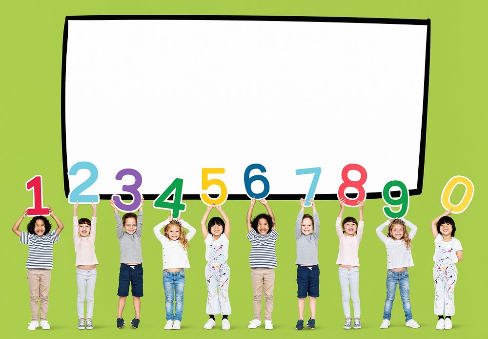 Diverse kids holding numbers one to zero