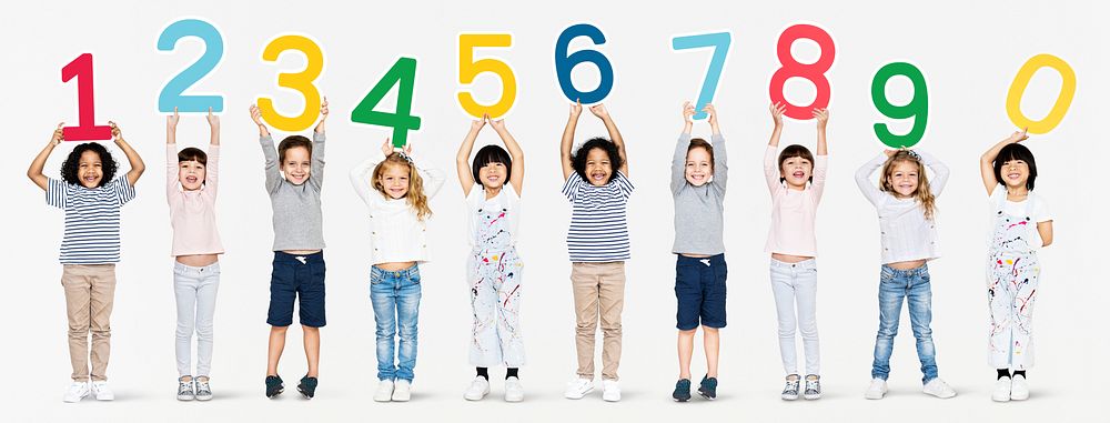 Cheerful diverse kids holding numbers one to zero