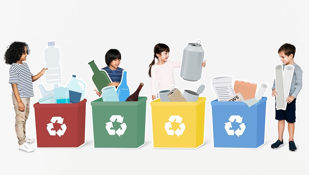 Happy diverse kids recycling garbage