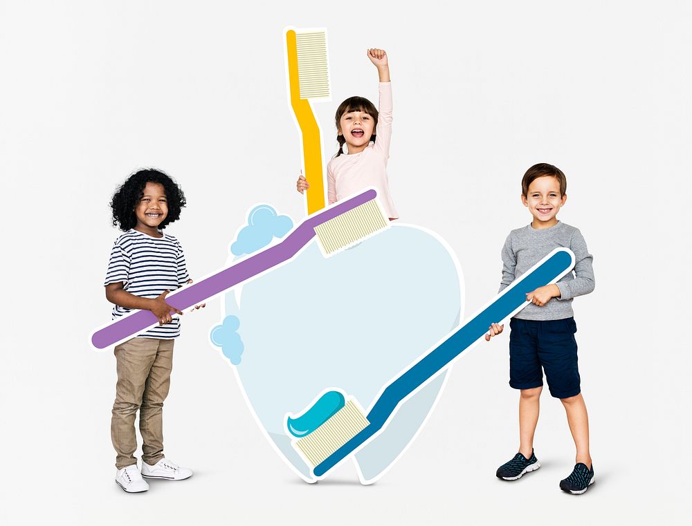 Diverse kids with dental care icons
