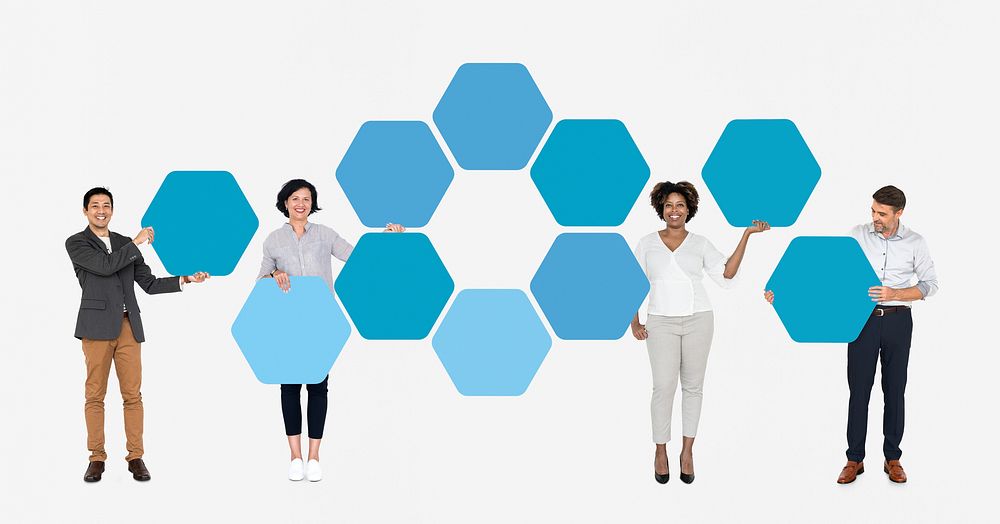 Diverse people showing blue hexagon shaped boards
