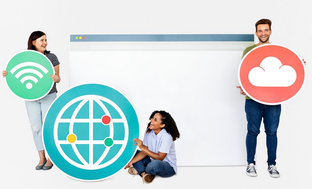 People holding icons related to the theme of internet and connection